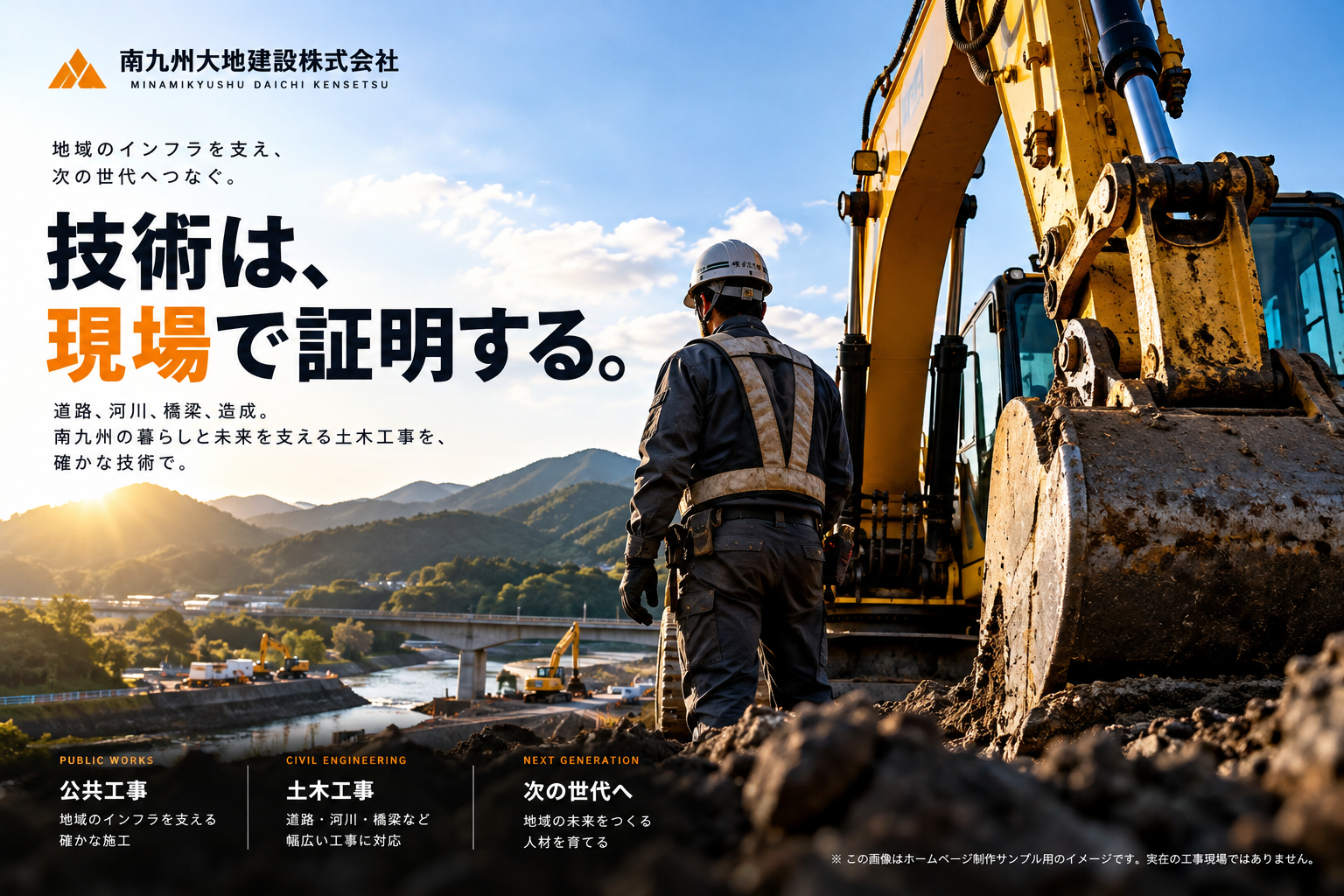 南九州大地建設のホームページ制作サンプル。建設現場と重機を使った採用重視型デザイン